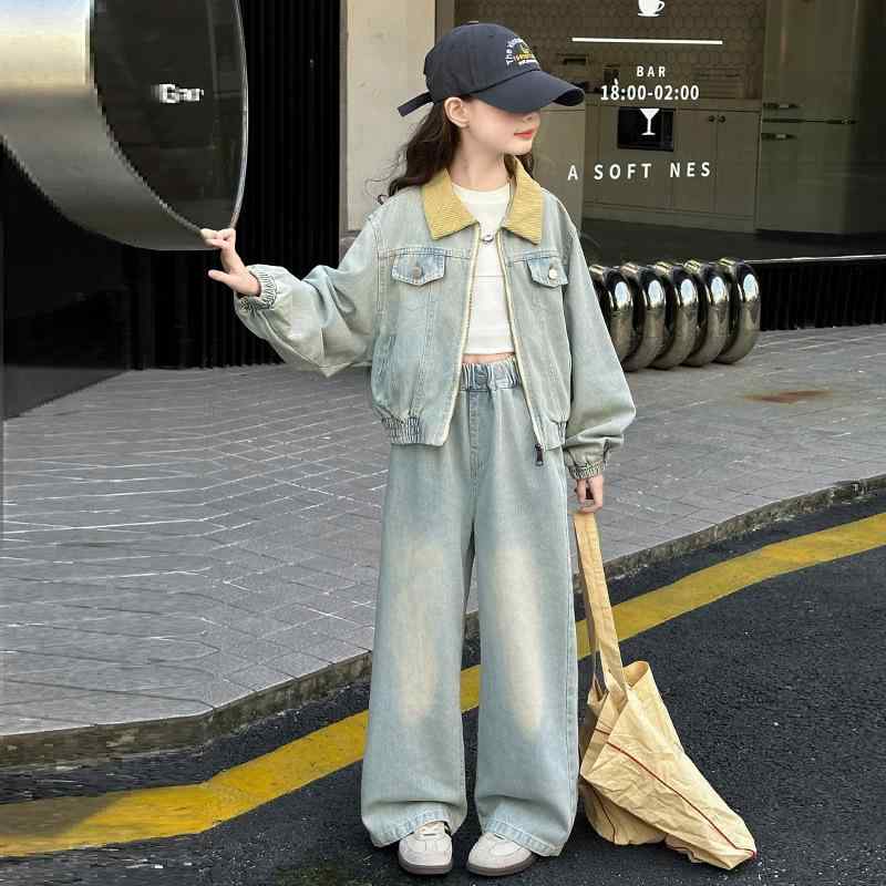 キッズ デニム セットアップ 女の子 春秋 韓国風 子供服 ジーンズ ジャケット ワイドレッグパンツ 2点セット カジュアル
