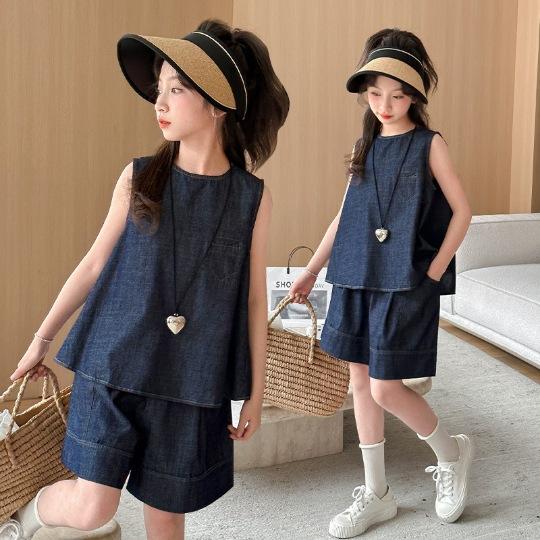 Coat - 子供服 女の子 デニムセットアップ 半袖トップス ショートパンツ 上下セット 薄手 夏服 かわいい ガールズ カジュアル