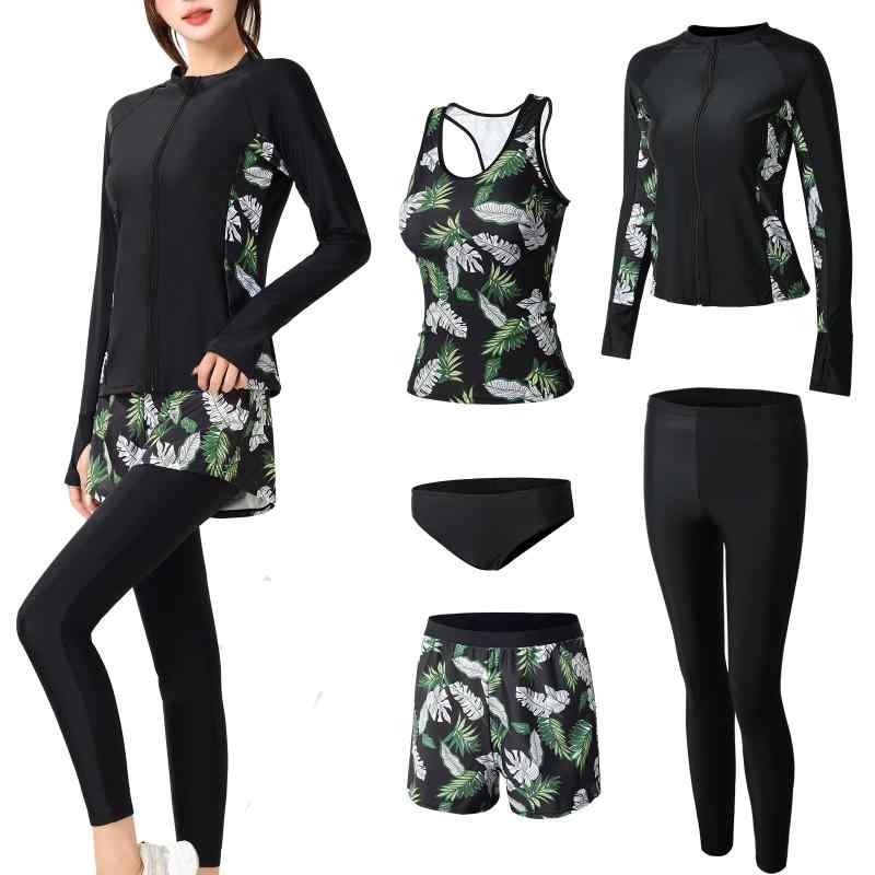 水着 レディース フィットネス水着 体型カバー ラッシュガード 5点セット タンクトップ レギンス 指穴空き UVカット 冷感 水陸両用 オシャレ かわいい 水泳 女性用