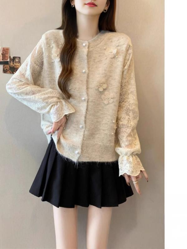 Rakuten - カーディガン レディース アンサンブル ニット 杏色 切り替え レース 長袖 トップス 薄手 ゆったり ラウンドネック 春秋 きれいめ かわいい 普段使い デート