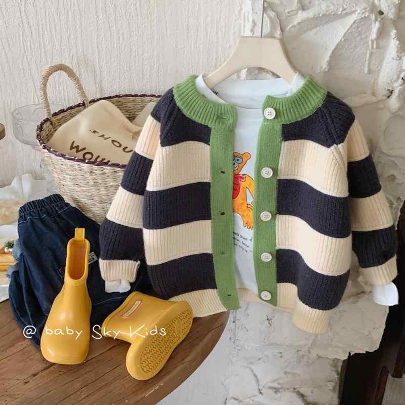 羊毛衫 - 子供服 セーター 秋冬 韓国風 男の子 女の子 ボーダー ニット カーディガン 普段着 かわいい 長袖 90cm 100cm 110cm 120cm 130cm 140cm