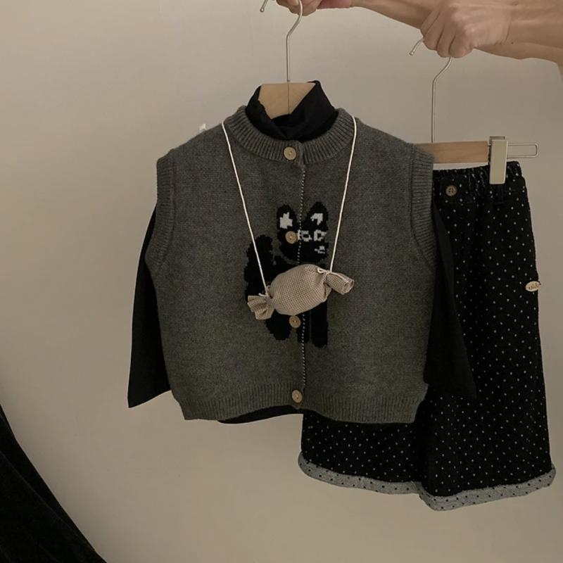 Cardigans - ニット ベスト 女の子 かわいい 猫柄 子供服 アウター 秋冬 トップス カーディガン 羽織もの 普段着 防寒 グレー