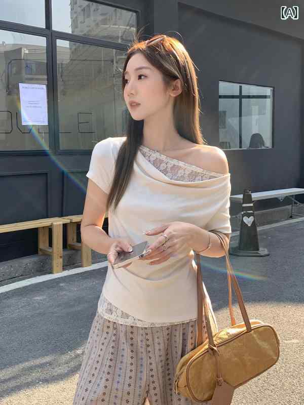 Tシャツ レディース 春夏 レース 花柄 切り替え ドレープネック 半袖 カットソー トップス きれいめ 肌見せ 鎖骨見せ 韓国風 カジュアル