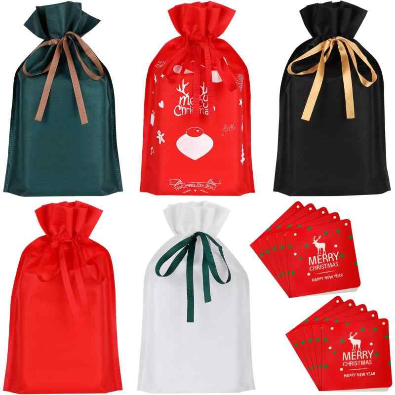 JANLOFO 10枚セット クリスマスラッピング袋 リボン付き クリスマスギフト袋 巾着 不織布 メッセージカ..