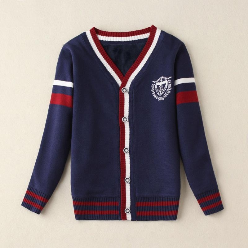 Cardigans - 子供服 ニット カーディガン 男の子 裏起毛 厚手 韓国風 おしゃれ 子供 中学生 小学生 長袖 トップス 秋冬 防寒 普段着 110 120 130 140 150 レッド 紺色