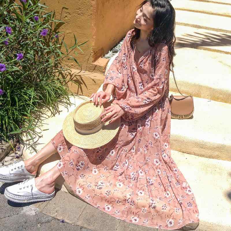 ワンピース レディース 春夏 花柄 シフォン ロング丈 長袖 ゆったり 2点セット チュニック ギャザー フレア Aライン মিষ্টি 스타일 ポリエステル エレガント パープル 煙ピンク