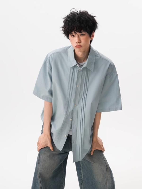 Rakuten - シャツ 男性用 コットン トップス 半袖 レギュラーカラー 無地 プリーツ 涼しい 普段使い 韓国風 ライトブルー ホワイト