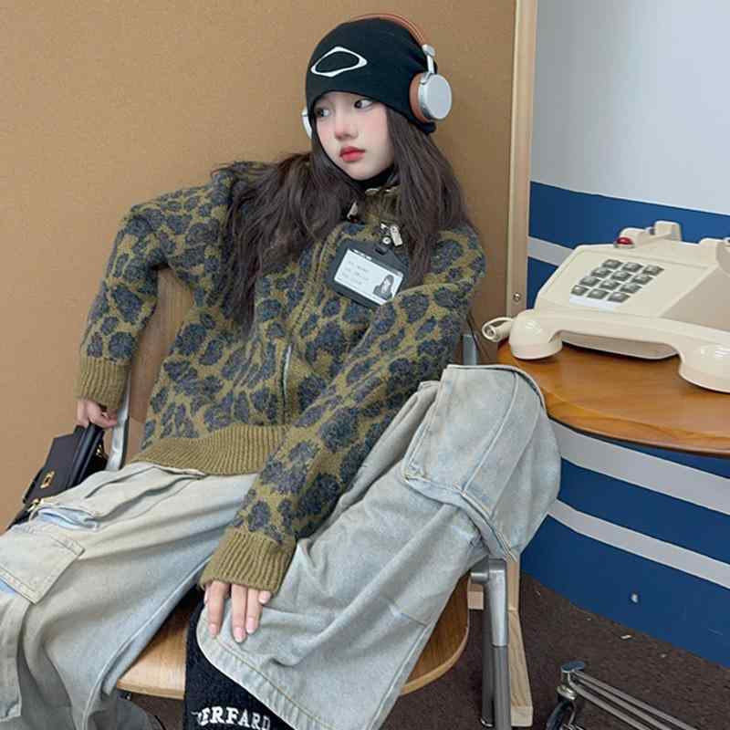 ニット カーディガン ガールズ 子供服 秋冬 裏起毛 レオパード柄 ヒョウ柄 ゆった...
