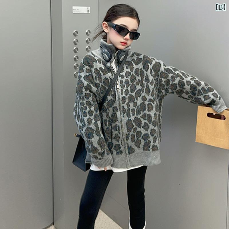 ニット カーディガン ガールズ 子供服 秋冬 裏起毛 レオパード柄 ヒョウ柄 ゆった...