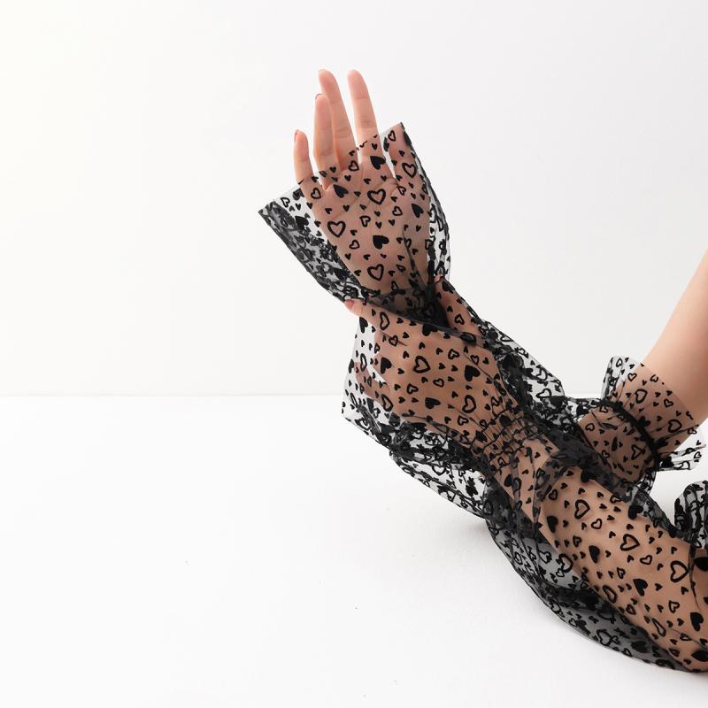 Arm Warmers - 防晒 袖セット 女性用 レース 網紗 UVカット 薄手 長袖 運転 腕カバー サイクリング ブラック 幾何学柄 暗黒スタイル 接触冷感 伸縮性 吸湿速乾 軽量 通勤 普段使い アウトドア