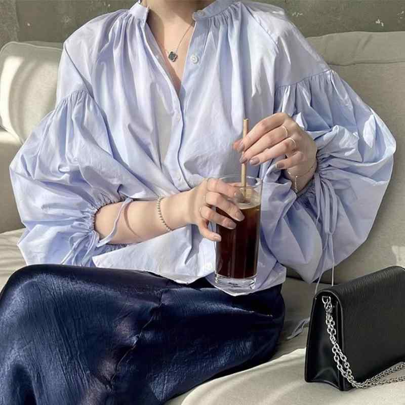 シャツ レディース 春秋 デザイン かわいい 韓国風 ラウンドネック 小排扣 紐付き ゆったり ランタンスリーブ トップス ブラウス 長袖 コットン ポリエステル ホワイト ブルー
