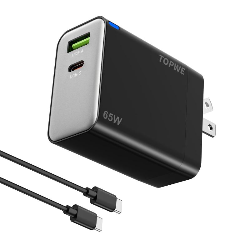 TOPWE 65W 急速充電器 Type-c 3ポート（2つUSB-Cポート＋1つUSB-Aポート）軽量・PD対応・同時充電・折り畳み式・PSE技術基準・持ち運び充電器 MacBook iPad iPhone Galaxy Android Xperia