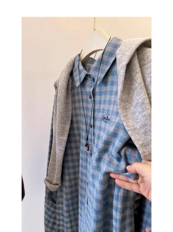 シャツ レディース 格子柄 刺繡 長袖 コットン ポリエステル 開襟 襟付き 灰青 フリーサイズ ゆったり 文芸風 レトロ