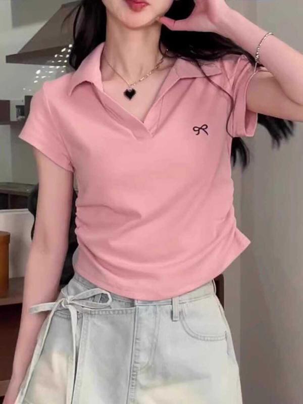Tシャツ レディース 半袖 ポロネック コットン トップス 韓国風 スリム 絞り染め風 刺繡 薄手 パフスリーブ 無地 カジュアル かわいい 白 ピンク系 黒 青 灰色