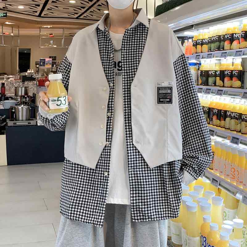 シャツ 男性用 韓国風 ストライプ柄 ポリエステル ゆったり 長袖 普段使い 高見え 灰色 黒 秋服