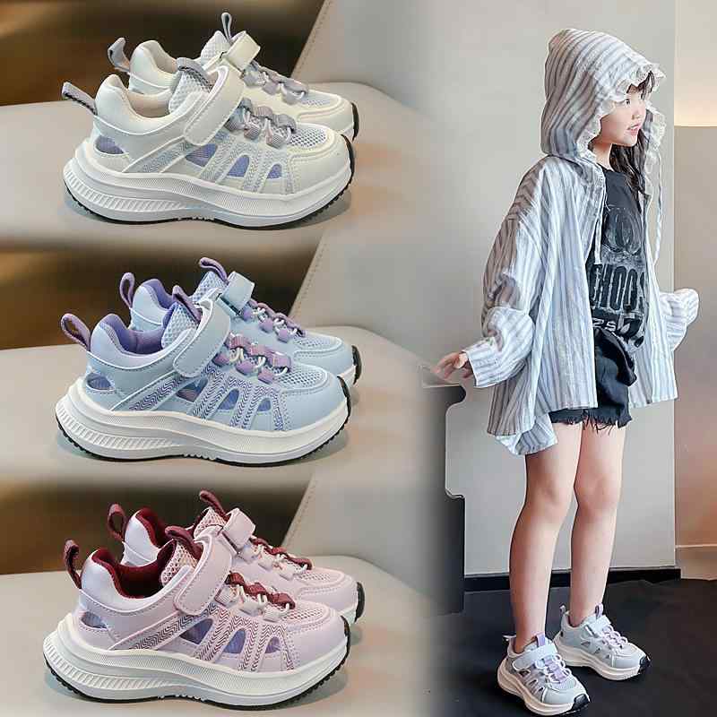 サンダル キッズ 女の子 スポーツサンダル 網状 人工皮革 6歳 7歳 8歳 9歳 10歳 11歳 12歳 ベルクロ ストライプ柄 ゴム底 滑り止め ブルー ピンク ベージュ 26 27 28 29 30 31 32 33 34 35 36 37 カジュ