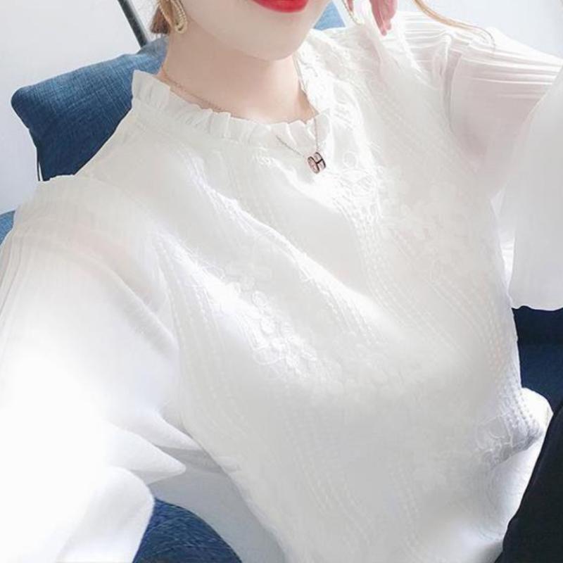 シャツ レディース ブラウス 春秋 長袖 シフォン フリルネック フェミニン トップス 白 ホワイト M L XL 2XL 3XL