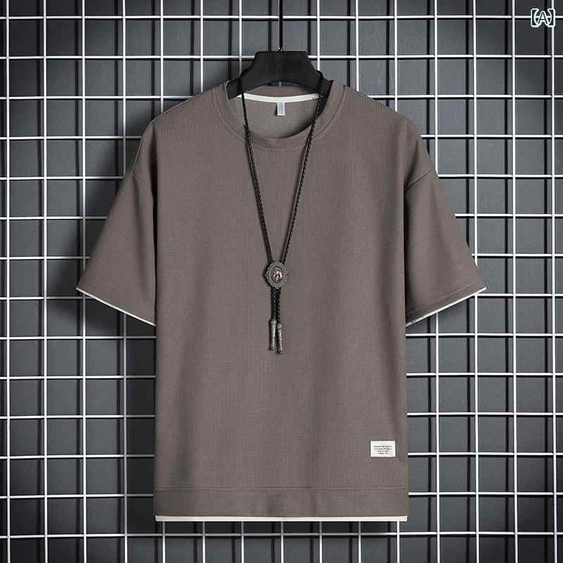 Rakuten - Tシャツ メンズ 短袖 春季 薄手 ゆったり ワイド ワッフル 柄 麻 真丝 抗菌 純色 コーヒー 黒 白 緑 日常 カジュアル デイリー 普段使い 通勤 軽量 通気性 快適 スタイル ユニセックス デザイン クラシック フィット トップス インナー ベ
