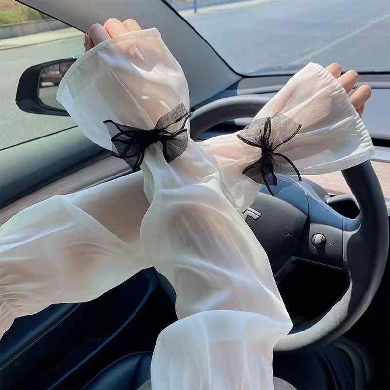 防晒手袋 女性用 接触冷感 春夏 バタフライボウ 袖カバー 手袋セット 黒 紺 ピンクオレンジ グリーン アイボリー シルバー紫 ワンサイズ 極簡 簡約 ファッション 通勤 蚕絲 真絲 軽量 伸縮性 吸湿速乾 運転 普段使い