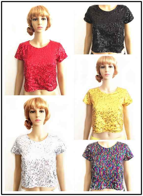 Tシャツ レディース 韓国風 スタイル チュニック ショート丈 へそ出し スパンコール 半袖 黒 赤 金 銀 白 ストレッチ