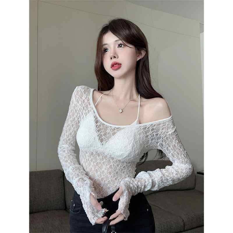 乐天商城 - Tシャツ レディース 春夏 透け感 レース 肌見せ バックシャン 長袖 スリムフィット インナー トップス カットソー 韓国風 セクシー かわいい ポリエステル ホワイト ブラック