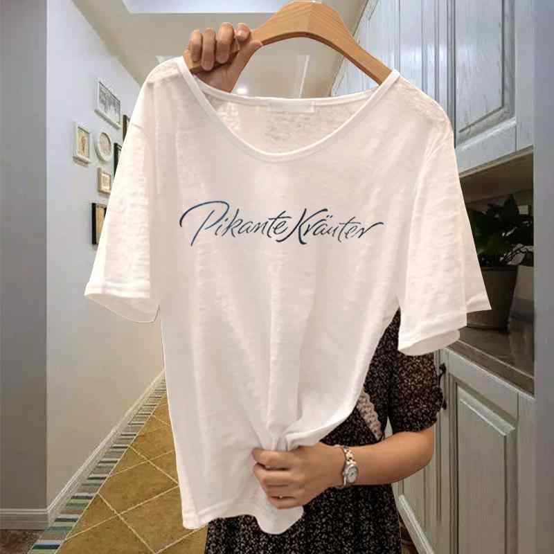 Tシャツ レディース 半袖 Vネック トップス カットソー コットン プリント ゆったり かわいい 韓国風 ブラック ホワイト M L XL 2XL
