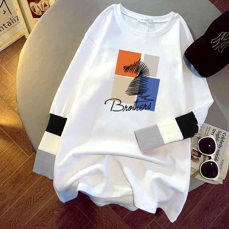Other - Tシャツ レディース 長袖 コットン100% ニット 切り替え 春秋 韓国風 カジュアル トップス 幾何学柄 ラウンドネック M L XL 2XL 白 ピンク系 グリーン系 グレー系
