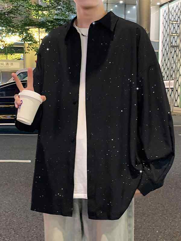 Short Sleeves （Shape Holding） - シャツ メンズ 男性用 長袖 トップス 春秋 韓国風 ゆったり 黒色 無地 ポリエステル シワになりにくい