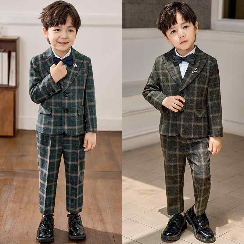 子供用フォーマルスーツ 男の子用 ジャケット ベスト パンツ 3点セット チェック柄 韓国風 子供服 カジュアルスーツ おしゃれ 発表会 結婚式 七五三 入園式 卒園式 墨グリーン ダークグレー