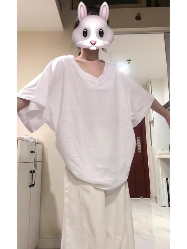 Tシャツ レディース 半袖 Vネック ゆったり カットソー トップス 綿100% コットン ...