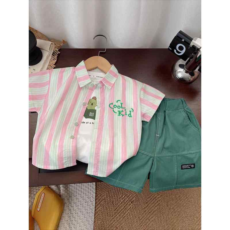 子供服 シャツ & 短パン セットアップ 春夏 韓国風 ベビー服 半袖 トップス ショーパン 薄手 通園 普段着 かわいい 格子柄 刺繍 ストライプ 綿