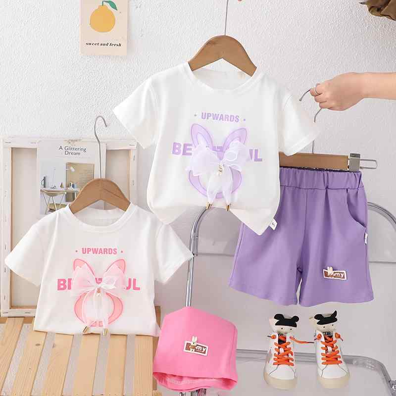 キッズ ベビー服 夏物 上下セット かわいい 半袖 トップス 短パン 薄手 綿 女の子 うさぎ柄 ピンク系 パープル系 80cm 90cm 100cm 110cm 120cm