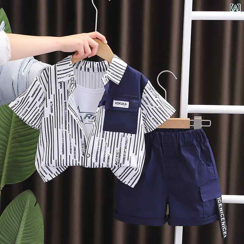 シャツ キッズ 夏服 半袖 短パン 上下セット 薄手 ストライプ 男の子 ベビー 子供服 おしゃれ かわいい 涼しい 80 90 100 110 120