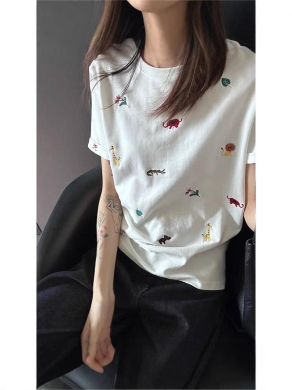 乐天商城 - Tシャツ レディース かわいい 韓国風 刺繍 コットン 半袖 トップス 春夏 デザイン性 ゆったり ラウンドネック 白 カットソー 普段使い