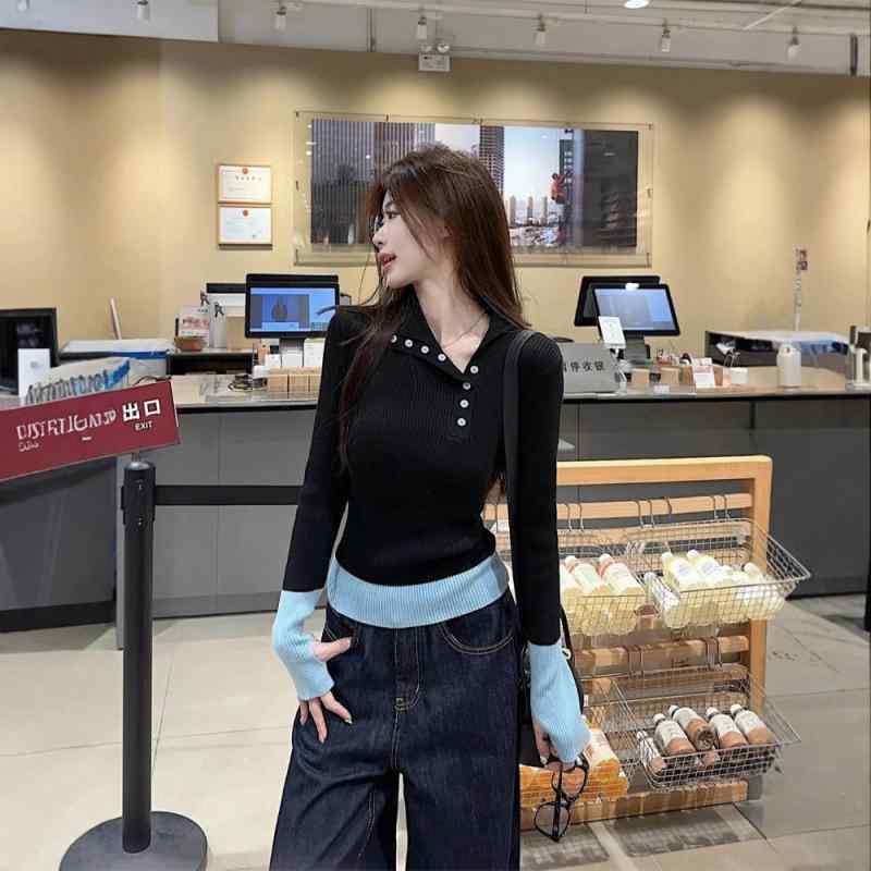 Rakuten - ニット レディース 秋冬 韓国 スリムフィット 細見え 上品 感 スタンドカラー インナー 色違い 切り替え 伸縮性 吸湿速乾 高級感 ニット素材