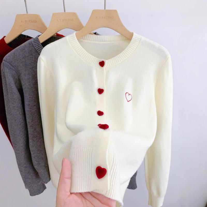 トップス レディース 秋冬 長袖 ニット セーター ハート インナー アンダーウェア カーディガン アウター ジャケット 普段使い 軽量 伸縮性 綿混紡 ビッグシルエスト