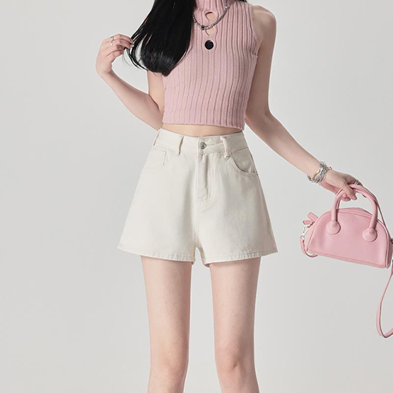 ショートパンツ レディース シンプル ベーシック ハイウエスト デニム フィット スリム見え ストレート 普段使い 伸縮性 接触冷感 春夏(4.0)