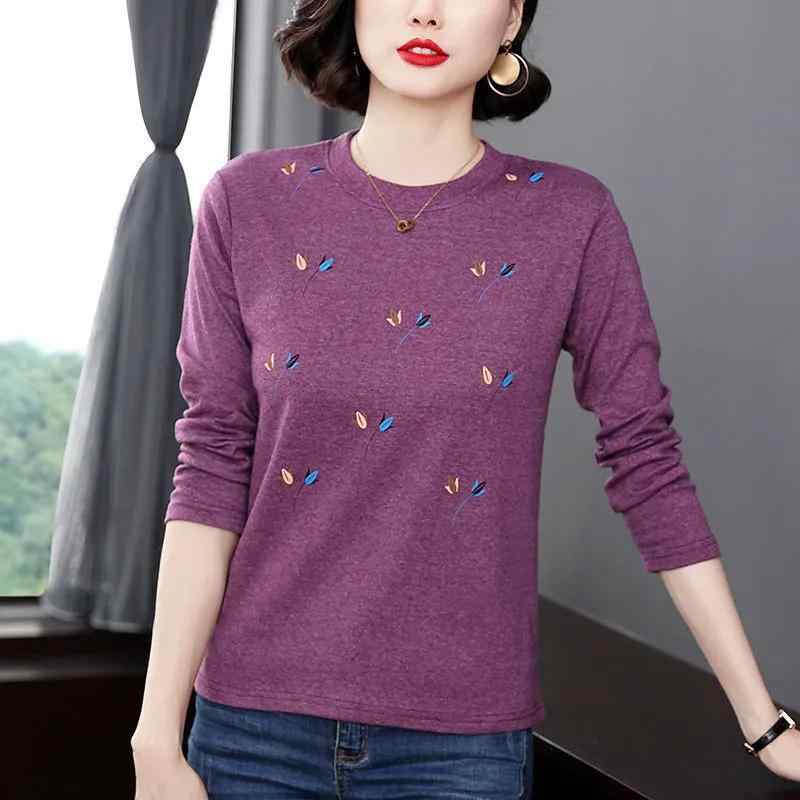 Tシャツ ママ レディース トップス 花柄 プリント ラウンドネック 長袖 カットソー 春秋 韓国風 ゆったり 体型カバー 着痩せ 大きいサ..