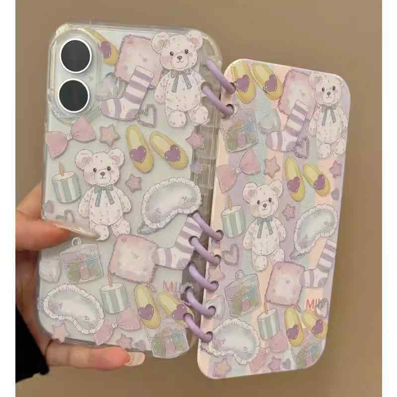 iPhone ケース かわいい 動物 プリント 油画風 クマ モチーフ フラップ タイプ PC素材 防震 防摔 軽量 保護 スマホカバー 通勤 普段使い ファッション アイテム 紫 ピンク カラーバリエーション 女性向け 人気 デザイン 芸術 スタイル