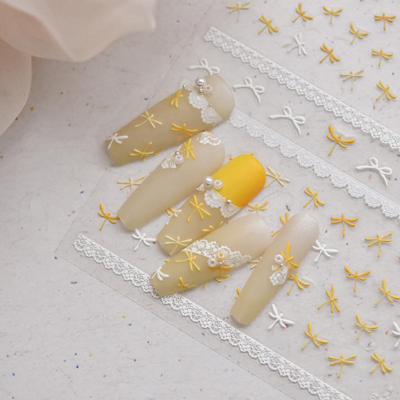 ネイルシール 浮き彫り フレンチスタイル かわいい レース 蝶結び 蜻蜓 モチーフ シンプル デザイン ネイルアート ステッカー ジェルネイル 対応 手作り風 装飾 シール 爪用 アクセサリー