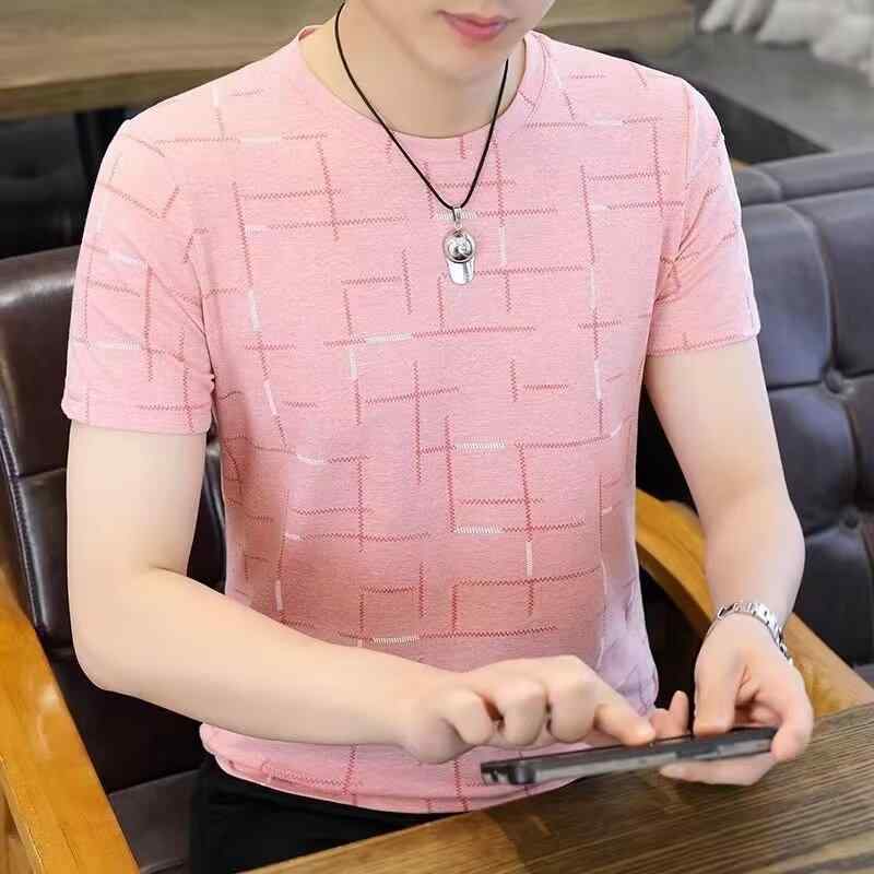 Tシャツ メンズ 半袖 薄手 ラウンドネック 格子柄 接触冷感 普段使い 部屋着 リラックス ピンク系 ブルー カーキ ポリエステル