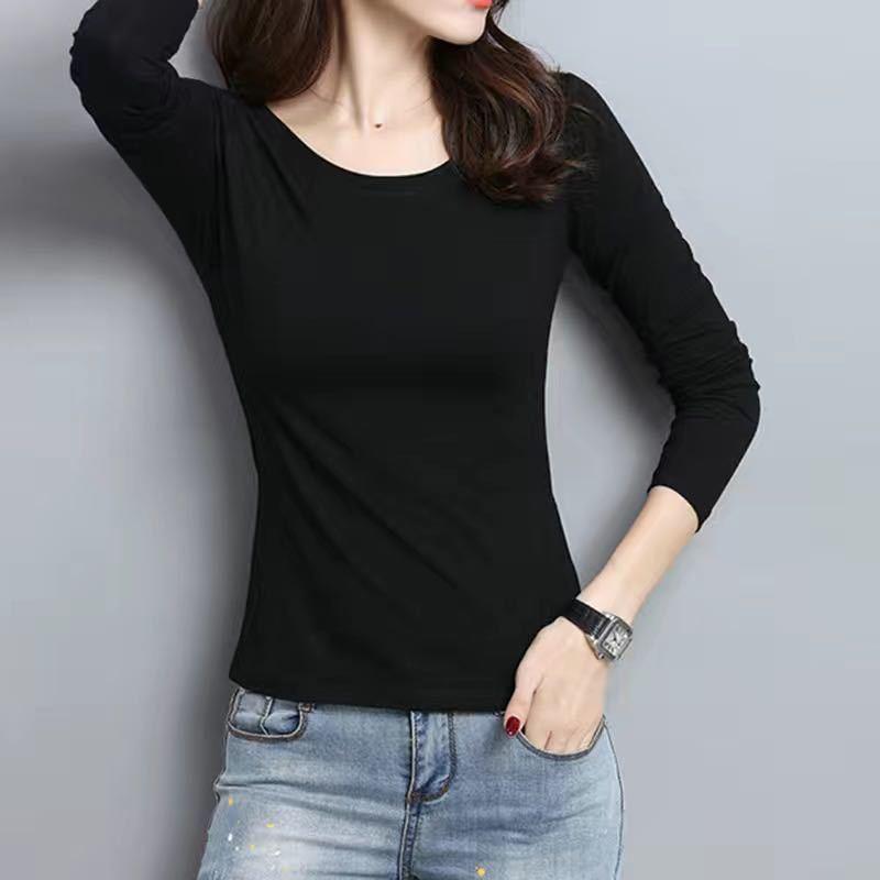 Tシャツ レディース 長袖 黒 白 高弾力 綿 スリムフィット トップス カットソー インナー ラウンドネック 春秋 カジュアル 通勤