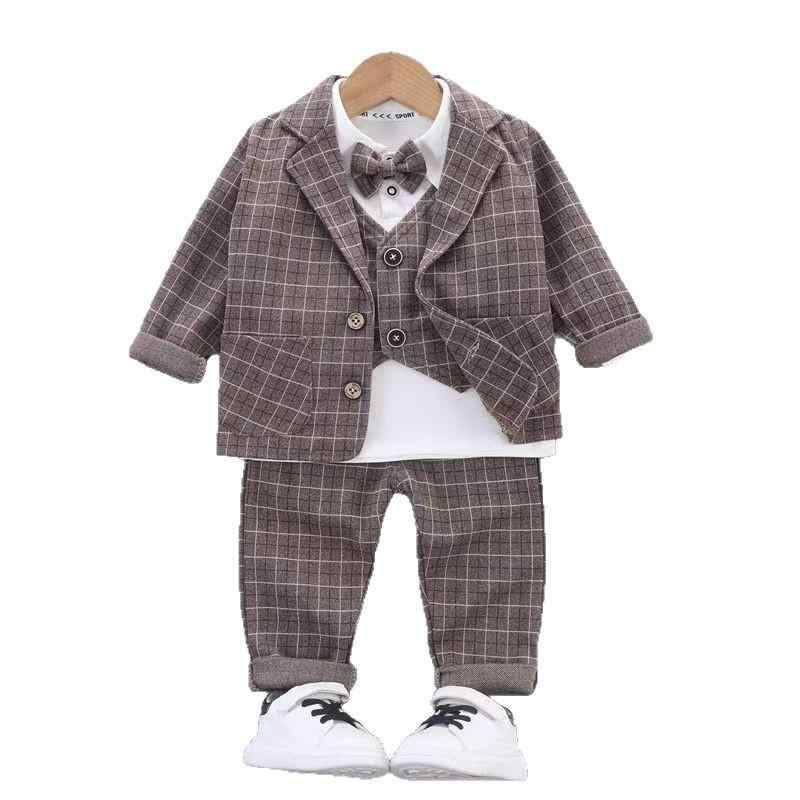 子供用 スーツ 3点セット 春秋物 男の子 格子柄 シャツ パンツ 上下セット かわいい 幼児 ベビー コーヒー色 ダークグレー 綿 95%