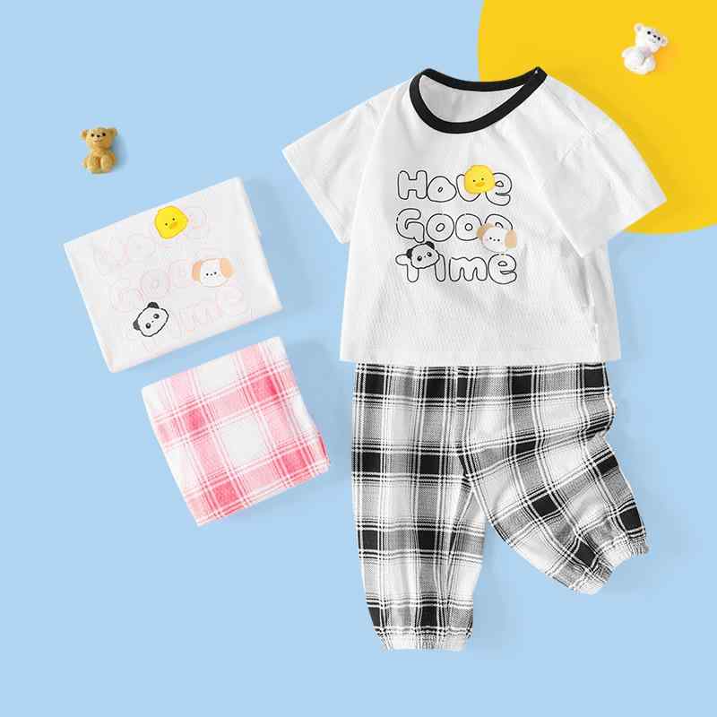 子供用ルームウェア ベビー服 上下セット パジャマ 春夏 半袖 長ズボン 薄手 綿100% 格子柄 かわいい 80cm 90cm 100cm 110cm 120cm 130cm