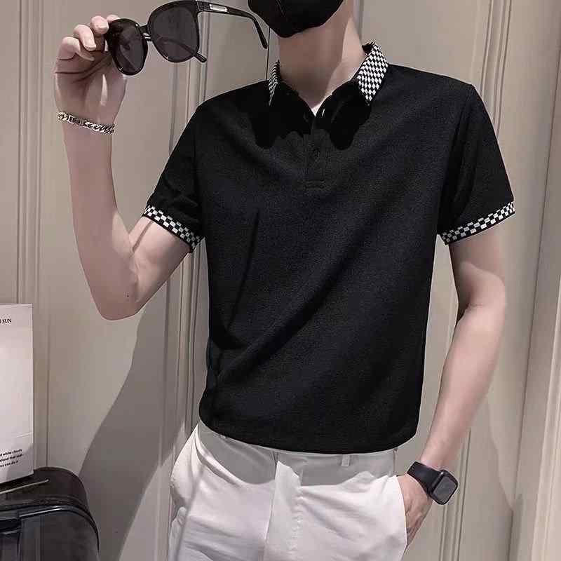 Tシャツ メンズ 男性用 半袖 ポロシャツ トップス チェック柄 襟付き スリムフィット カジュアル 韓国風 普段使い リゾート ポリエステル ブラック ホワイト