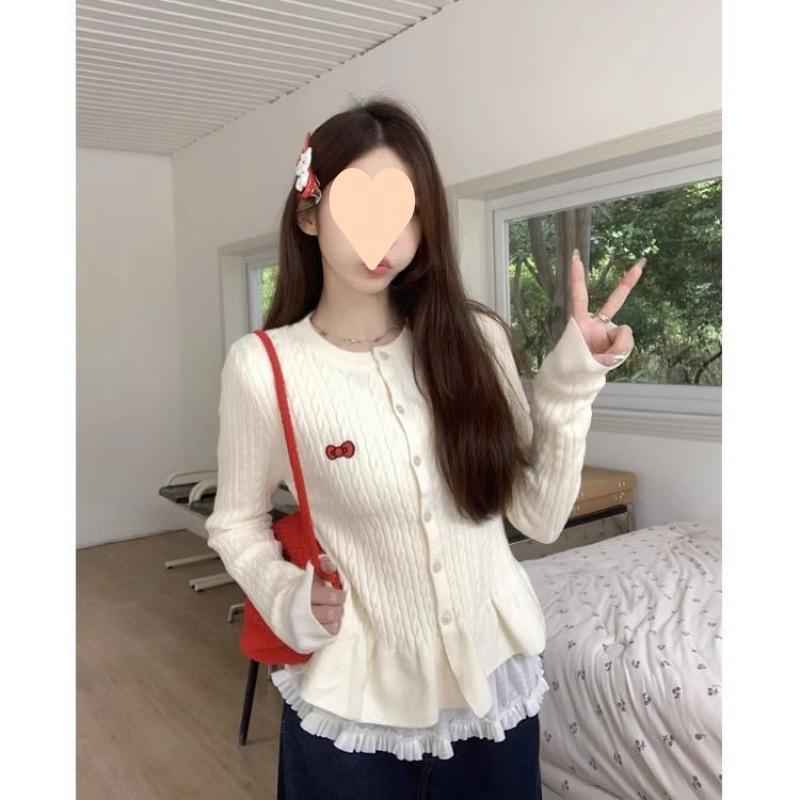 カーディガン レディース ニット 秋冬 フリル かわいい 韓国風 トップス 杏色 ブルー ブラック オフホワイト 長袖 飞飞袖 フェミニン ガーリー