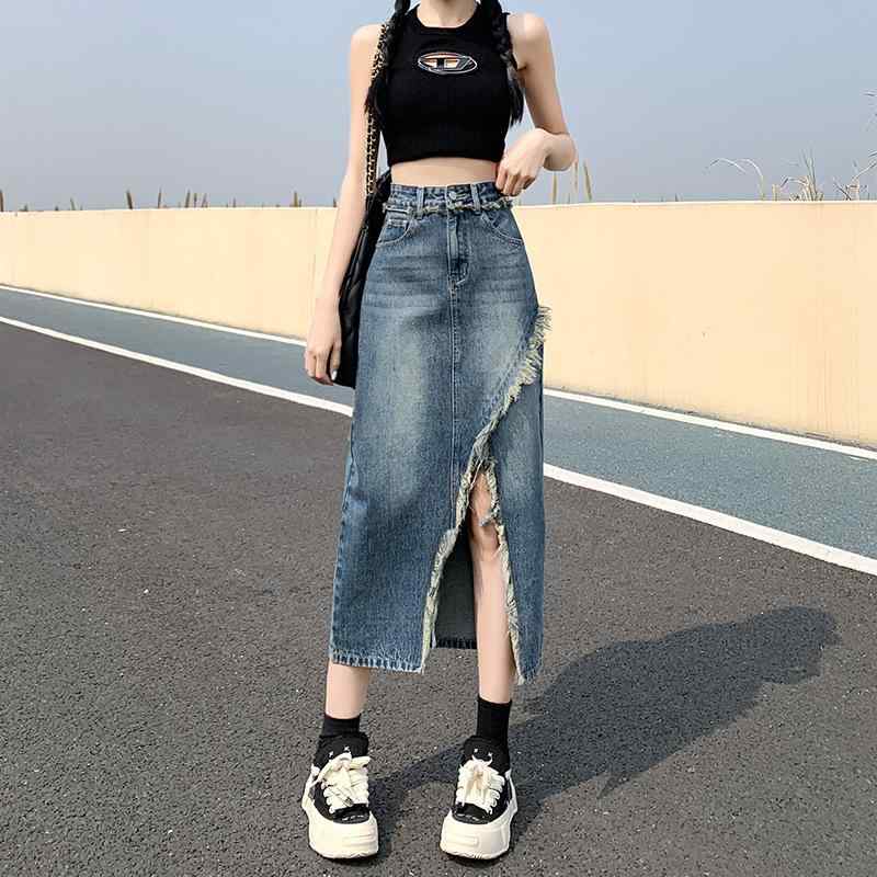 デニムスカート レディース 高腰 Aライン ミモレ丈 アシンメトリー 切り替え ダメージ加工 ウォッシュ加工 ヴィンテージ風 カジュアル