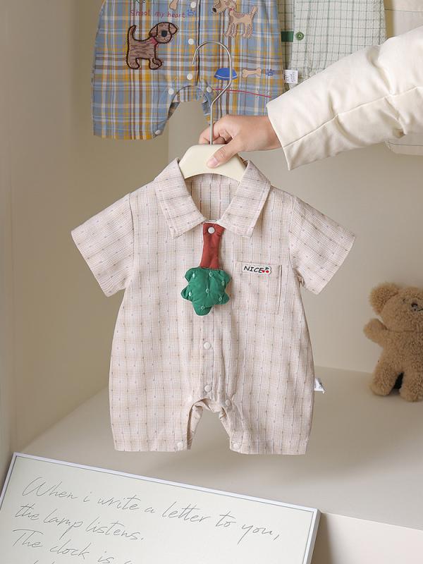 ベビー服 男の子 半袖ロンパース 薄手 コットン チェック柄 前開き カジュアル かわいい