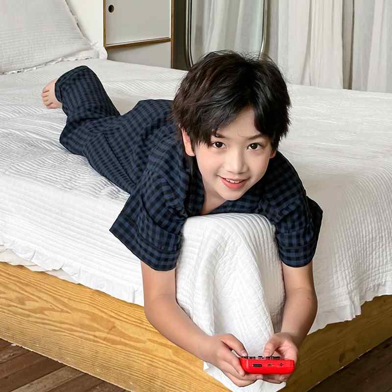 子供服 夏用 半袖 パジャマ 上下セット 綿 格子柄 薄手 男の子 キッズ ベビー 部屋着 寝間着 深青色