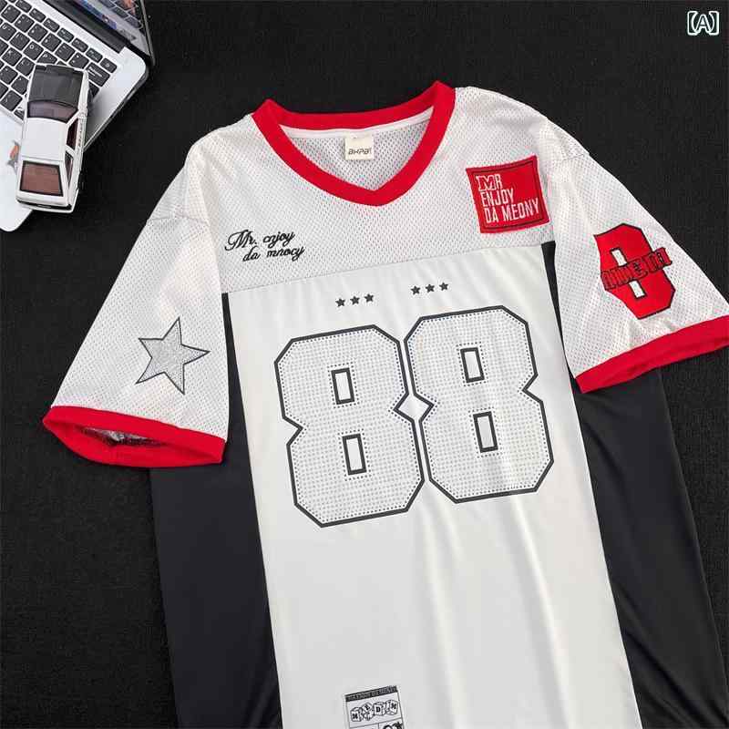 Rakuten - Tシャツ メンズ Vネック メッシュ 半袖 アメカジ ストリート 運動 スポーツ風 トップス カットソー